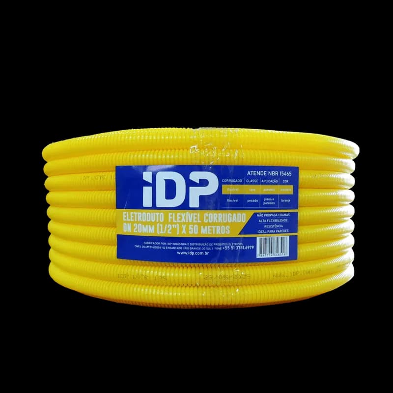 Rolo de eletroduto corrugado amarelo IDP, linha leve para paredes.