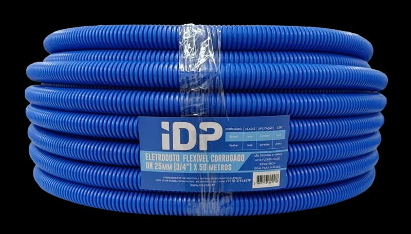 Rolo de eletroduto corrugado azul IDP, linha leve para paredes.