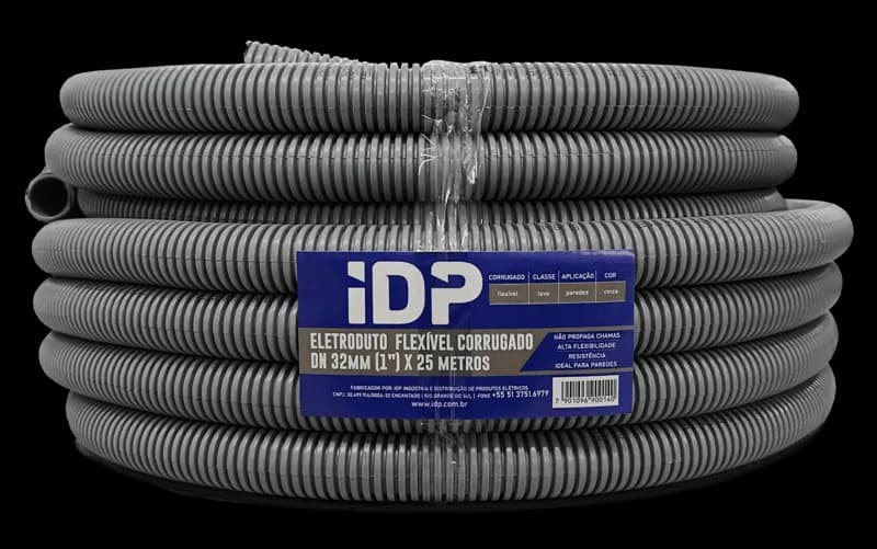 Rolo de eletroduto corrugado cinza IDP, linha leve para paredes.
