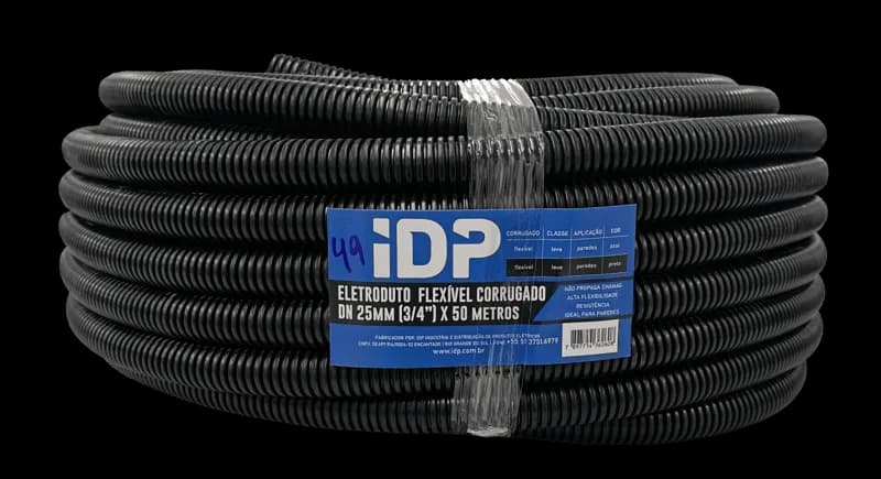 Rolo de eletroduto corrugado preto IDP, linha leve para paredes.